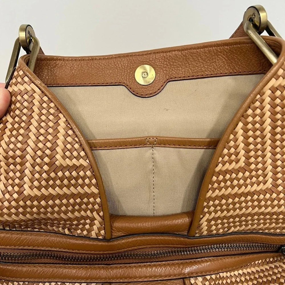 Michael Kors Brooklyn Woven Chevron Leather Shoulder Bag Tan Brown Tassel Hobo
